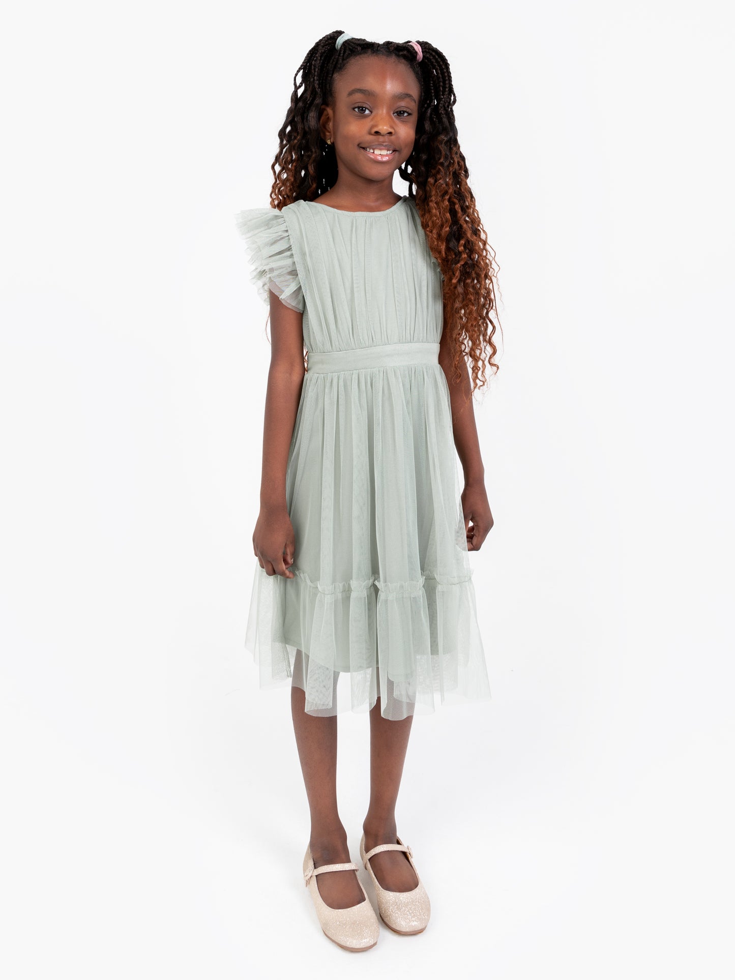 Mini Anaya Recycled Frosty Green Flutter Sleeve Midi Dress with Bow Detail