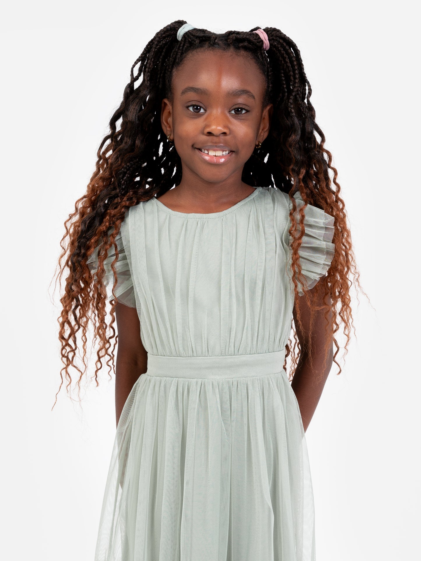 Mini Anaya Recycled Frosty Green Flutter Sleeve Midi Dress with Bow Detail