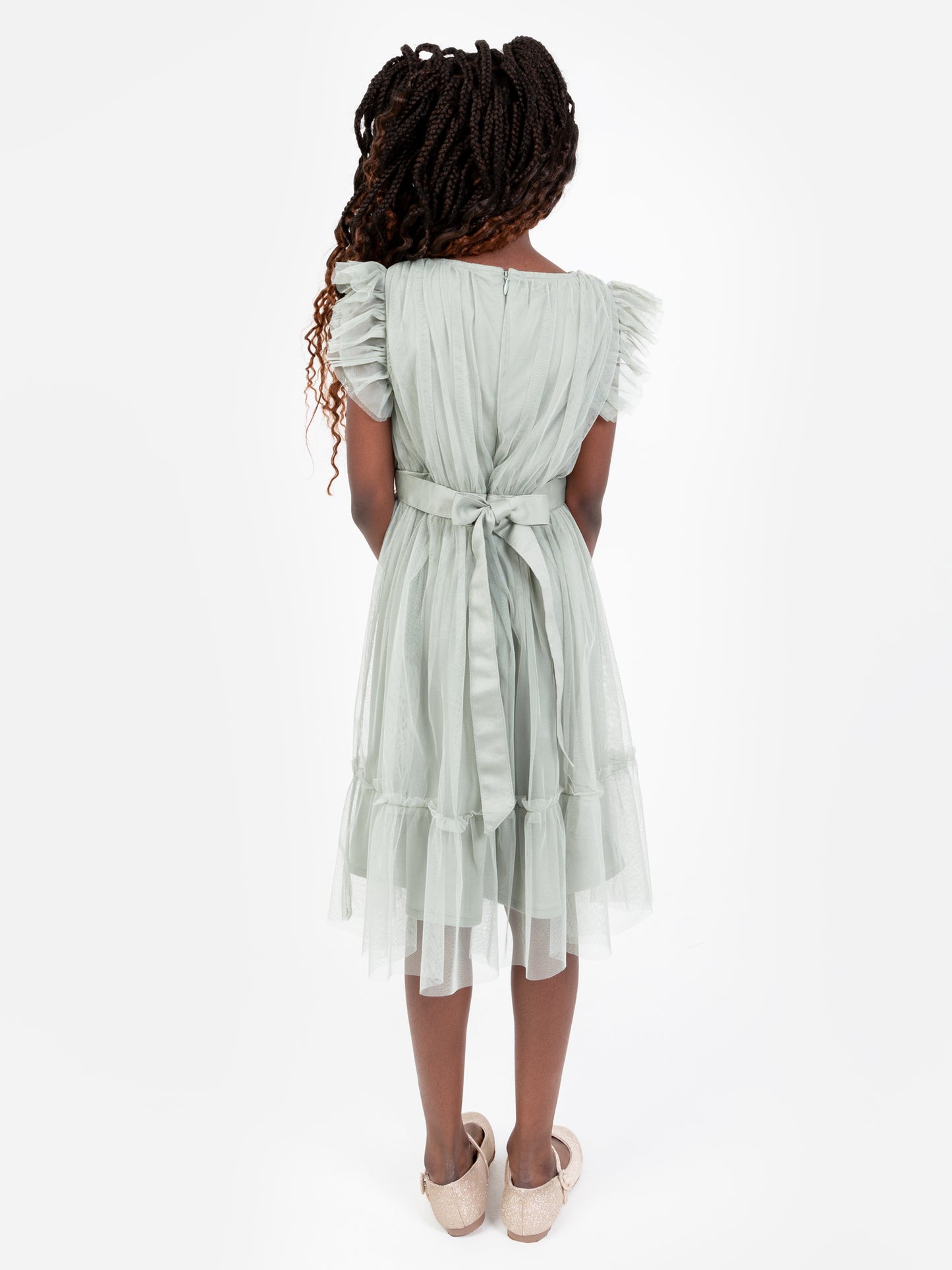 Mini Anaya Recycled Frosty Green Flutter Sleeve Midi Dress with Bow Detail