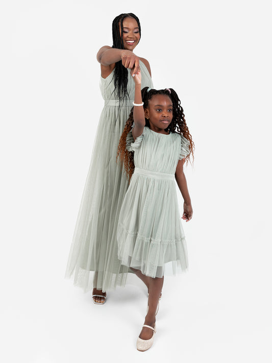 Mini Anaya Recycled Frosty Green Flutter Sleeve Midi Dress with Bow Detail