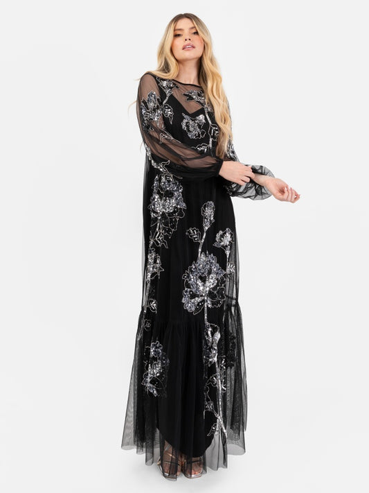 Maya Black Floral Embellished Tulle Overlay with Slip Maxi Dress