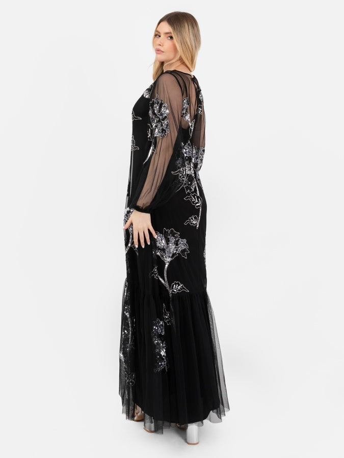 Maya Black Floral Embellished Tulle Overlay with Slip Maxi Dress