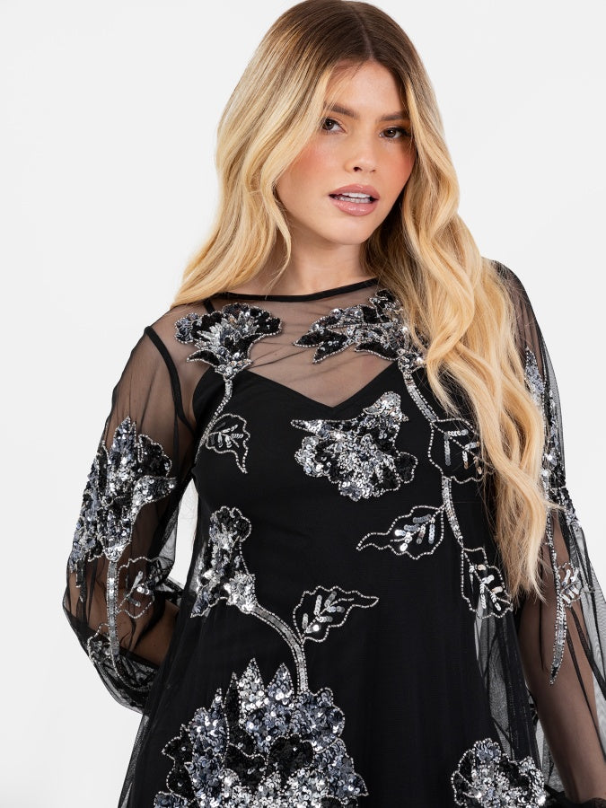 Maya Black Floral Embellished Tulle Overlay with Slip Maxi Dress