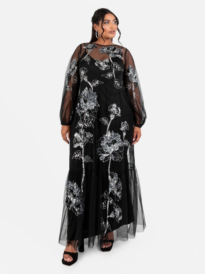 Maya Black Floral Embellished Tulle Overlay with Slip Maxi Dress