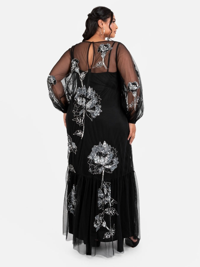 Maya Black Floral Embellished Tulle Overlay with Slip Maxi Dress