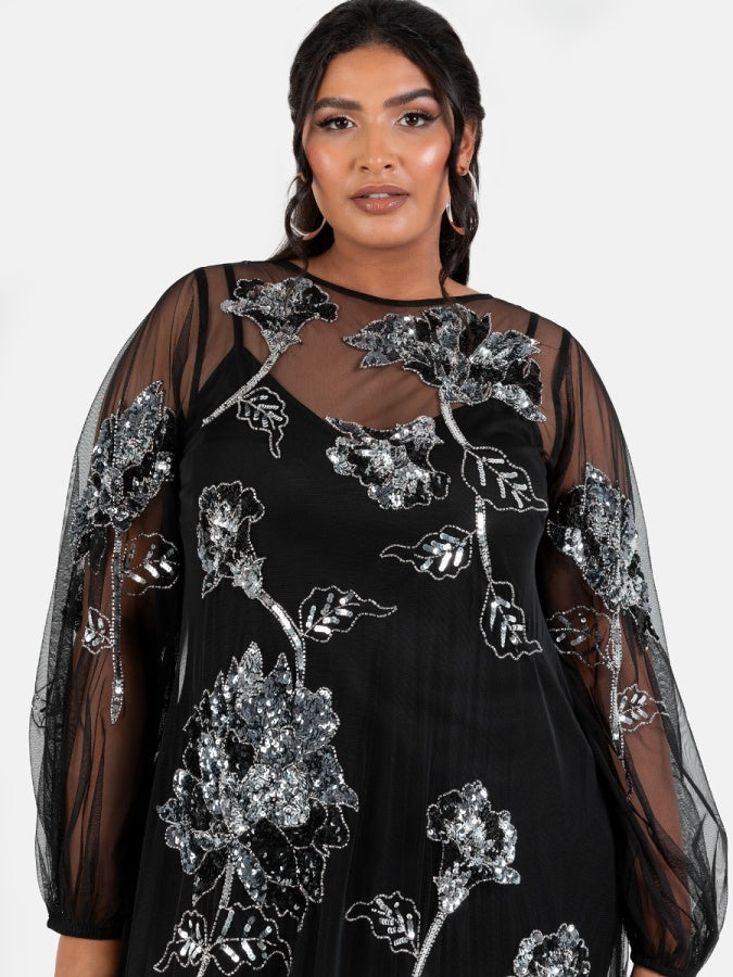 Maya Black Floral Embellished Tulle Overlay with Slip Maxi Dress