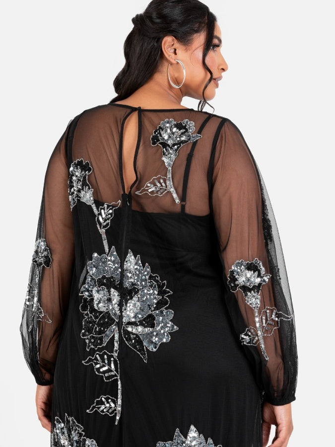 Maya Black Floral Embellished Tulle Overlay with Slip Maxi Dress
