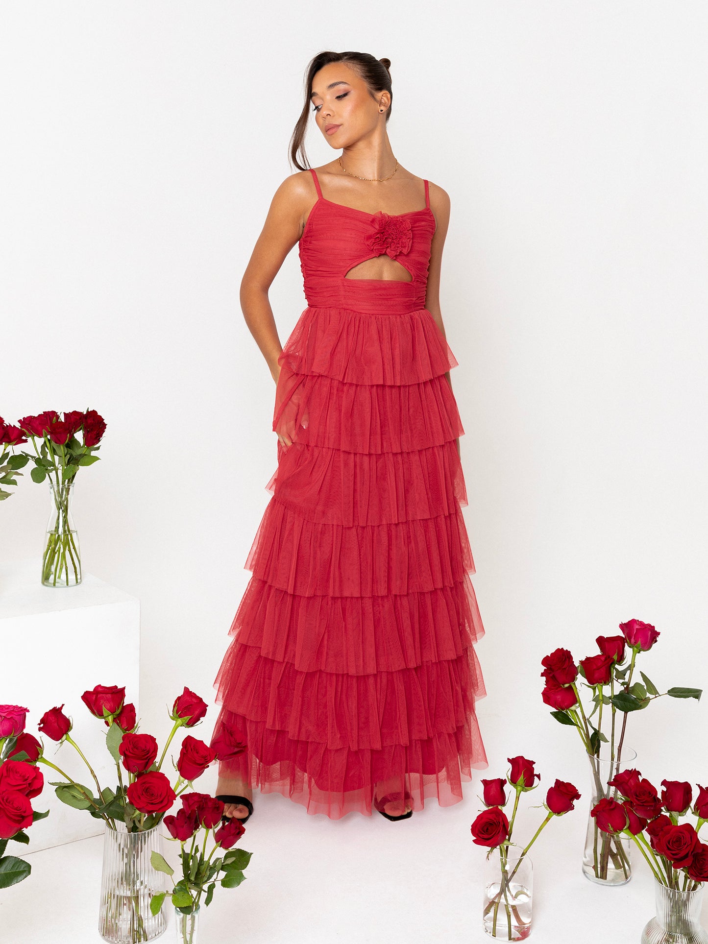 Anaya With Love Recycled Red Corsage Detail Tiered Cami Maxi Dress