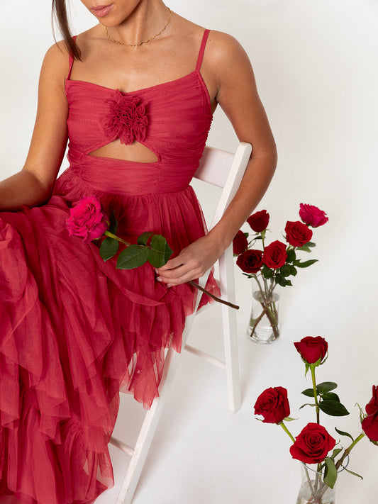 Anaya With Love Recycled Red Corsage Detail Tiered Cami Maxi Dress