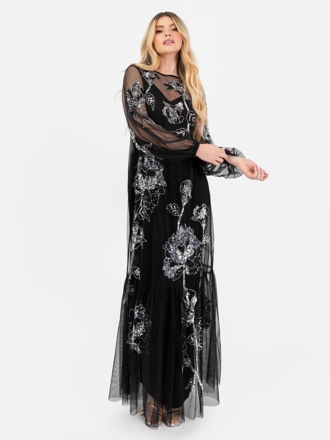 Maya Black Floral Embellished Tulle Overlay with Slip Maxi Dress