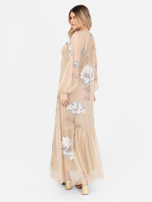 Maya Champagne Floral Embellished Tulle Overlay with Slip Maxi Dress