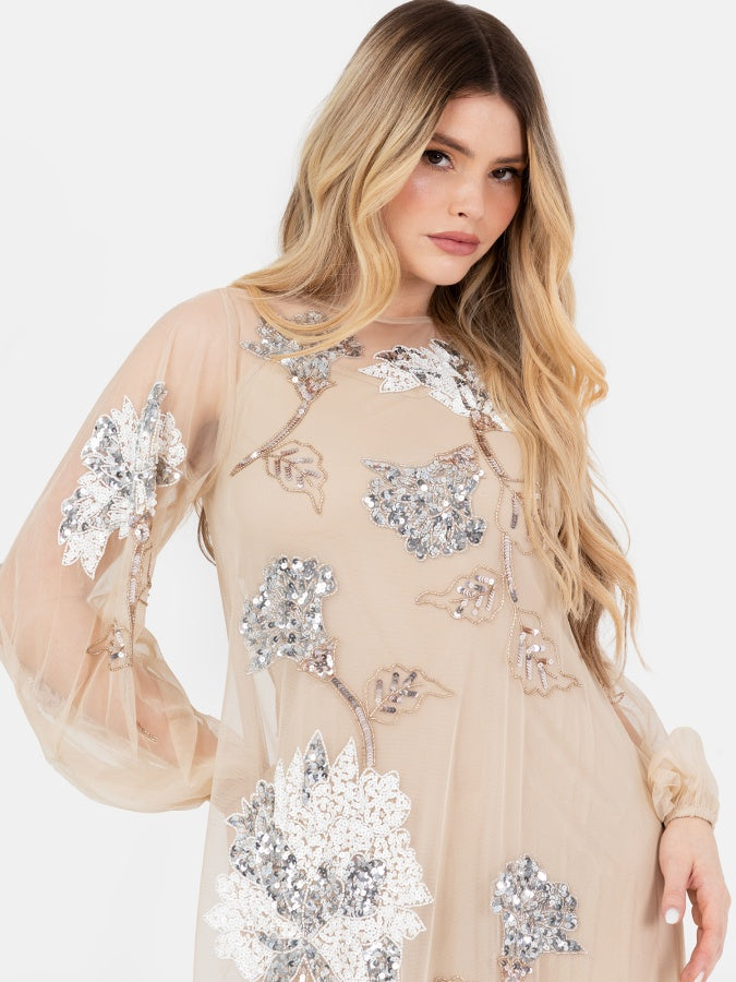 Maya Champagne Floral Embellished Tulle Overlay with Slip Maxi Dress