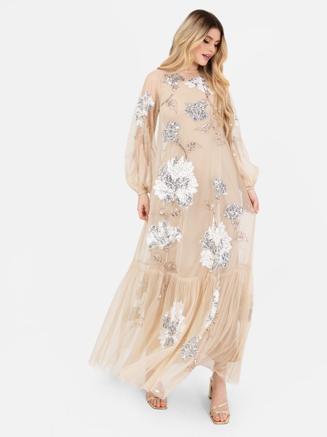 Maya Champagne Floral Embellished Tulle Overlay with Slip Maxi Dress