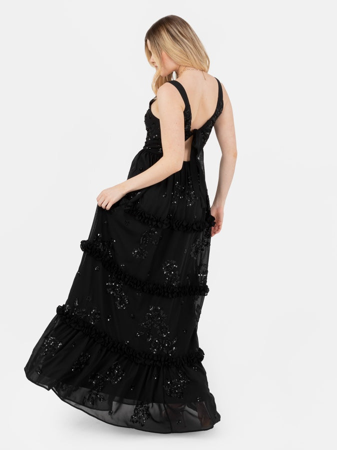 Maya Black Embellished Strappy Tie-Back Maxi Dress with Frill Detail