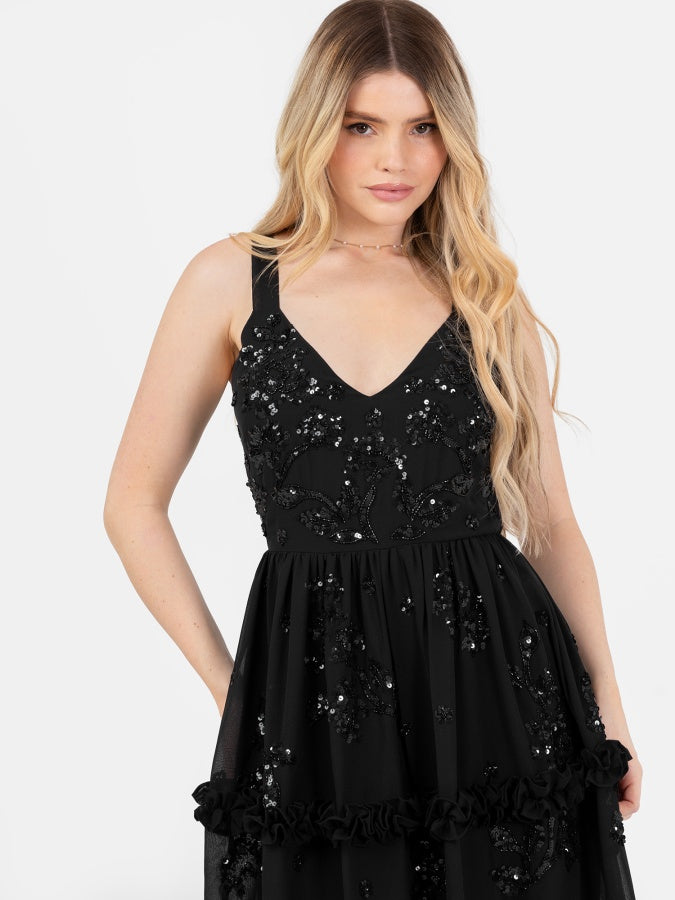 Maya Black Embellished Strappy Tie-Back Maxi Dress with Frill Detail
