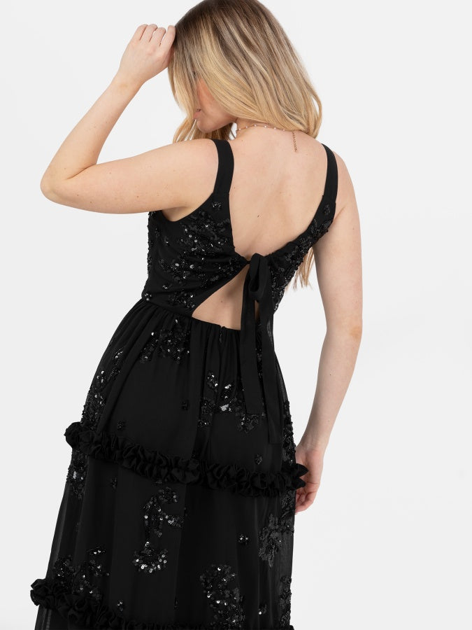 Maya Black Embellished Strappy Tie-Back Maxi Dress with Frill Detail