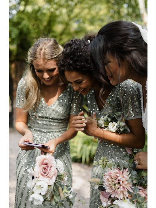 Maya Sage Green Short Sleeve Stripe Embellished Maxi Dress