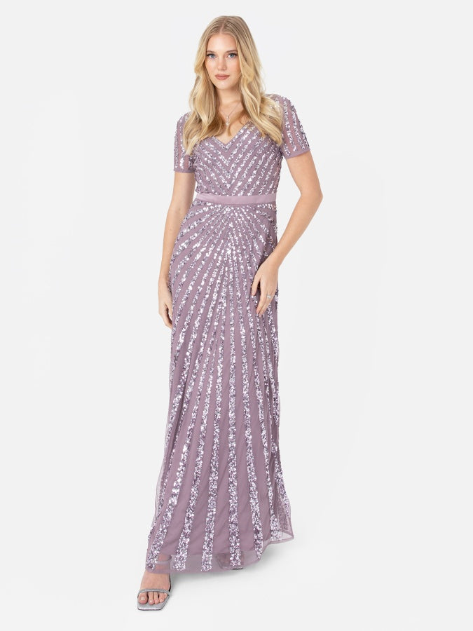 Maya Moody Lilac Short Sleeve Stripe Embellished Maxi Dress