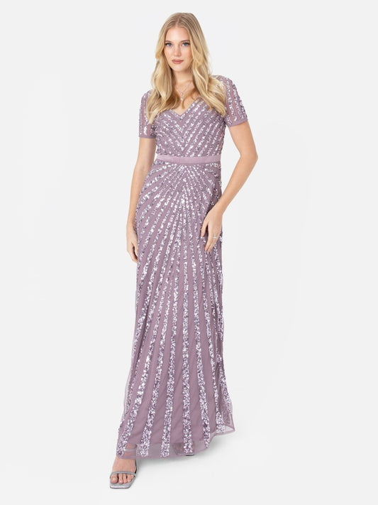 Maya Moody Lilac Short Sleeve Stripe Embellished Maxi Dress