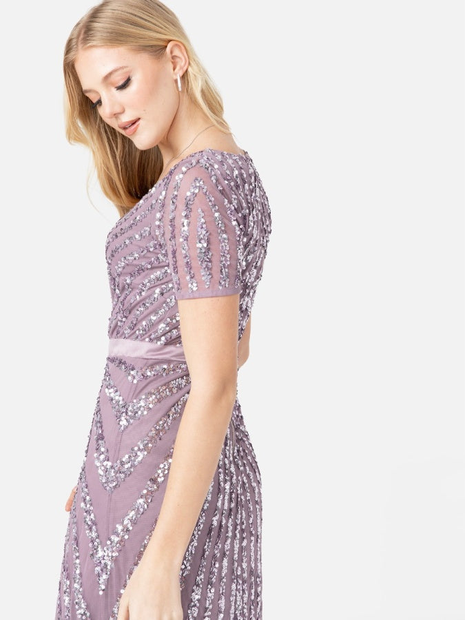 Maya Moody Lilac Short Sleeve Stripe Embellished Maxi Dress