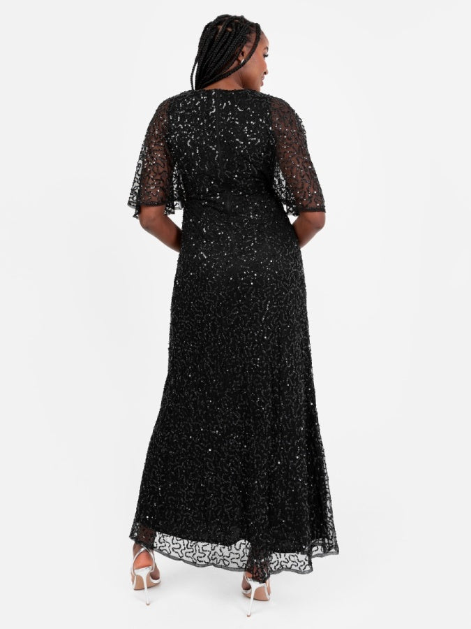 Maya Black Fully Embellished Faux Wrap Maxi Dress