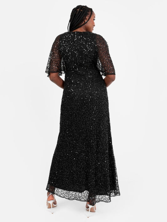 Maya Black Fully Embellished Faux Wrap Maxi Dress