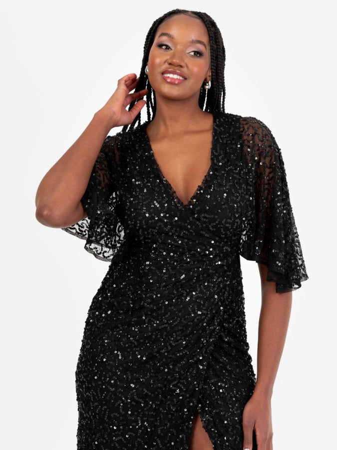 Maya Black Fully Embellished Faux Wrap Maxi Dress