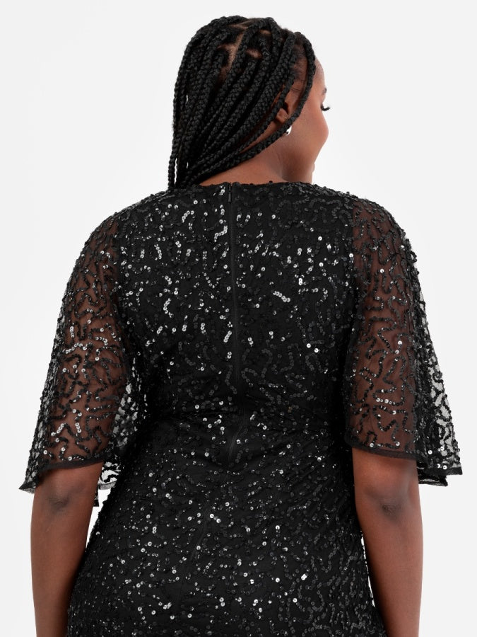 Maya Black Fully Embellished Faux Wrap Maxi Dress