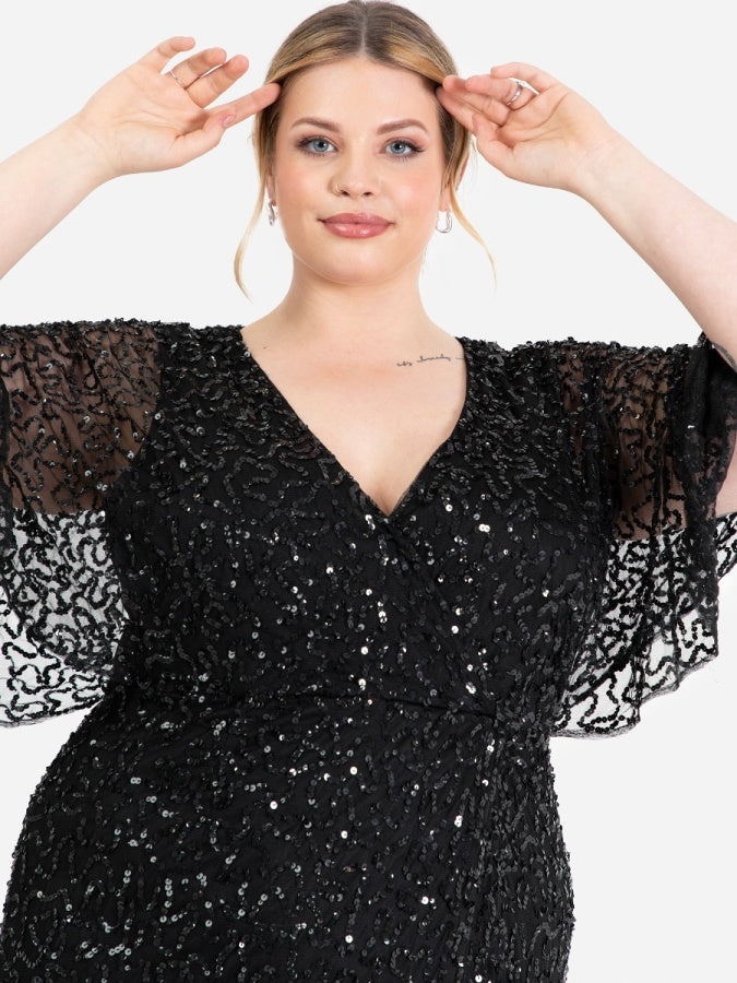Maya Black Fully Embellished Faux Wrap Maxi Dress