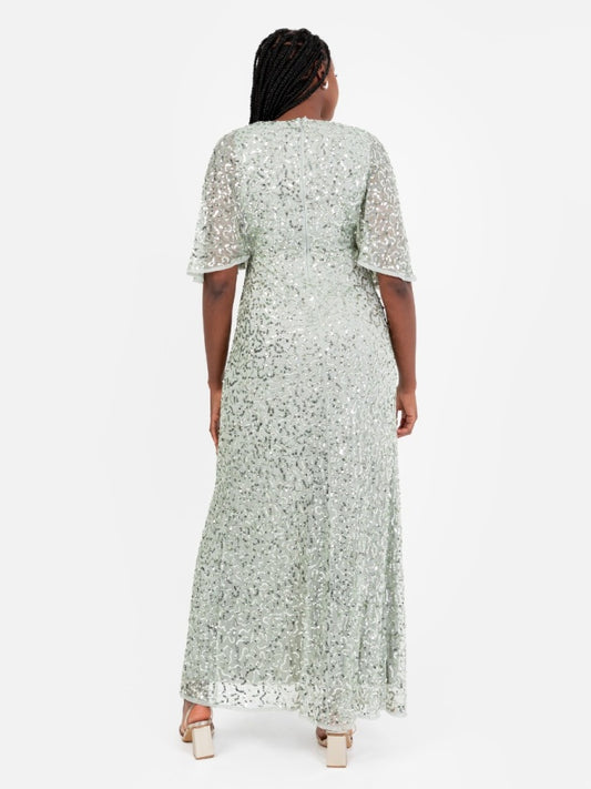 Maya Sage Green Fully Embellished Faux Wrap Maxi Dress