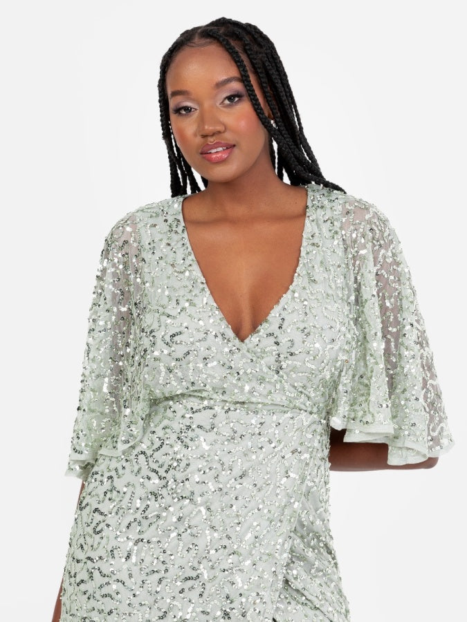 Maya Sage Green Fully Embellished Faux Wrap Maxi Dress