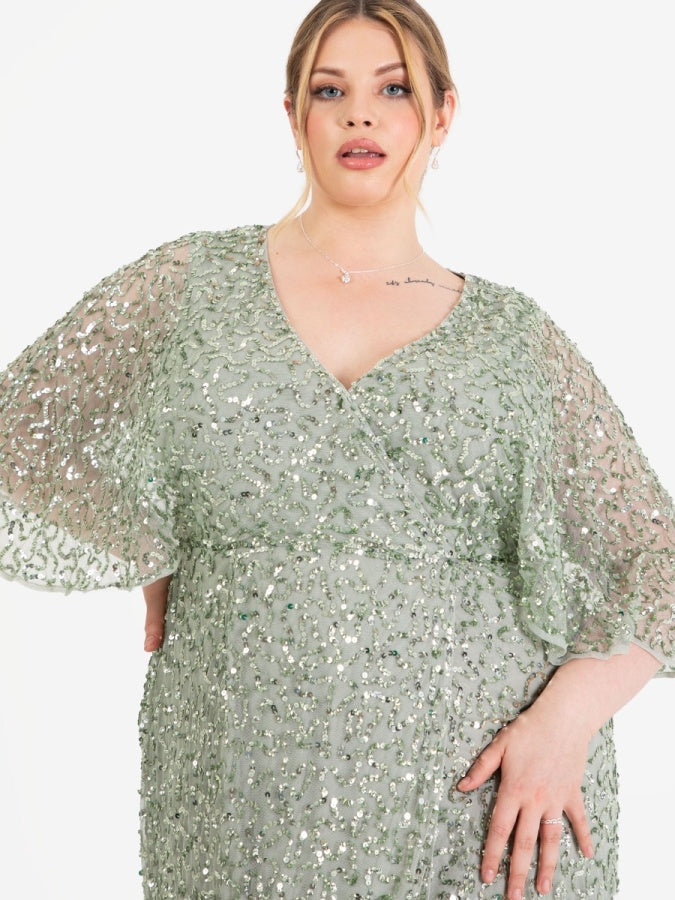 Maya Sage Green Fully Embellished Faux Wrap Maxi Dress