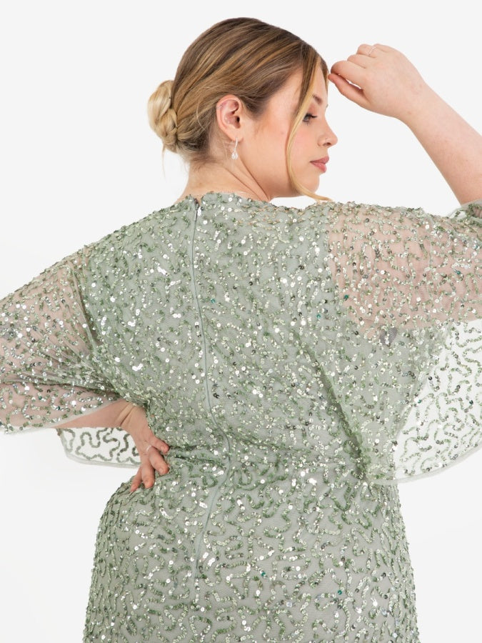 Maya Sage Green Fully Embellished Faux Wrap Maxi Dress