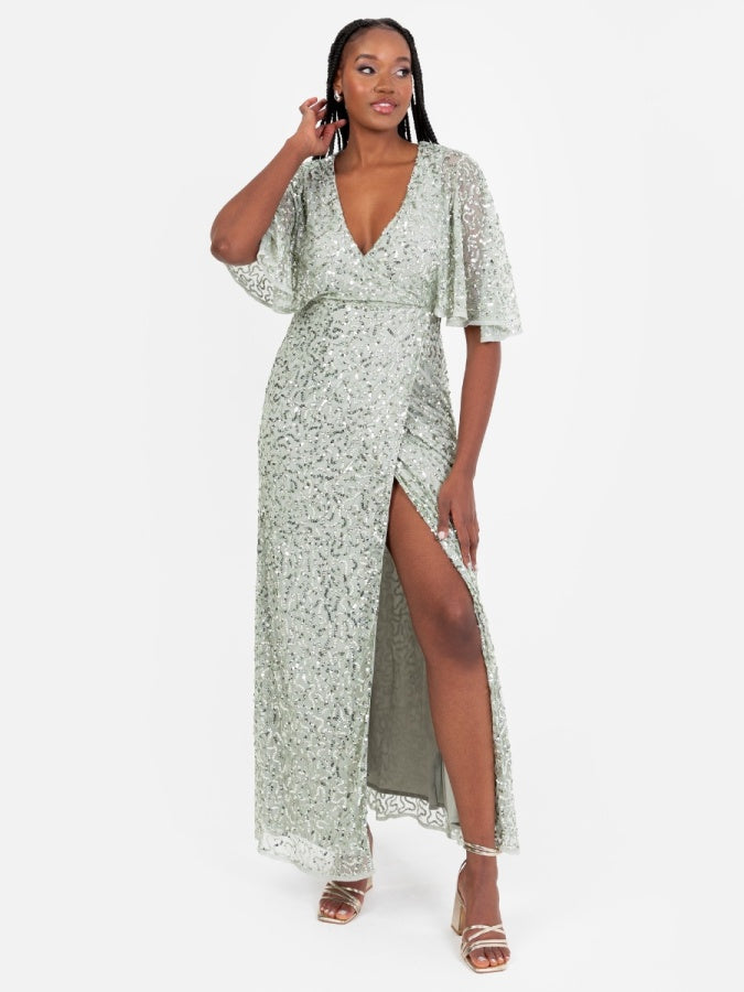 Maya Sage Green Fully Embellished Faux Wrap Maxi Dress
