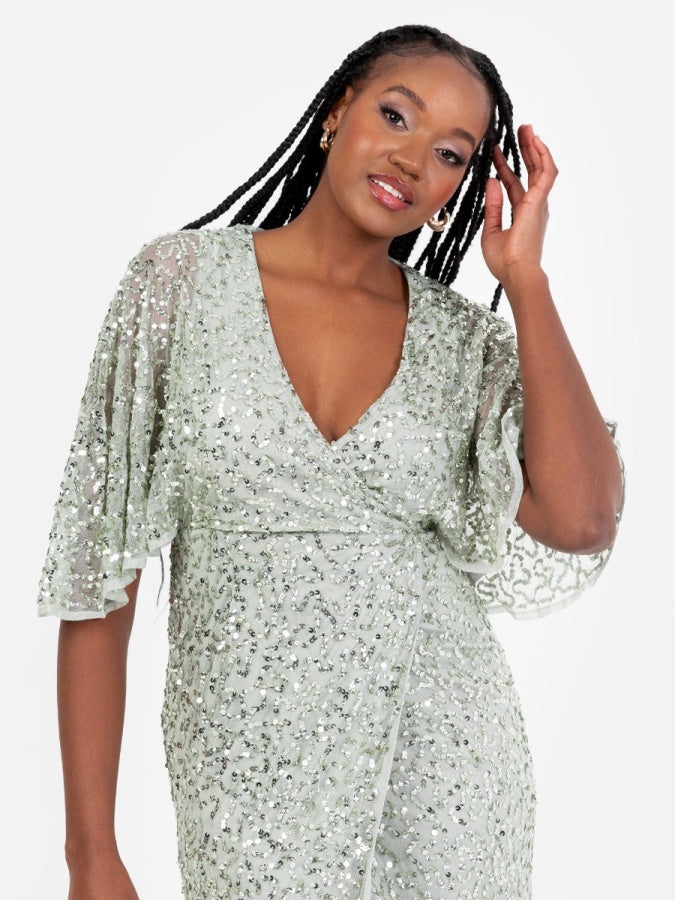 Maya Sage Green Fully Embellished Faux Wrap Midi Dress