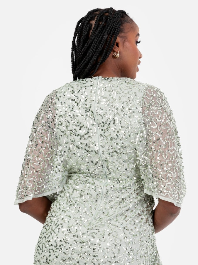 Maya Sage Green Fully Embellished Faux Wrap Midi Dress