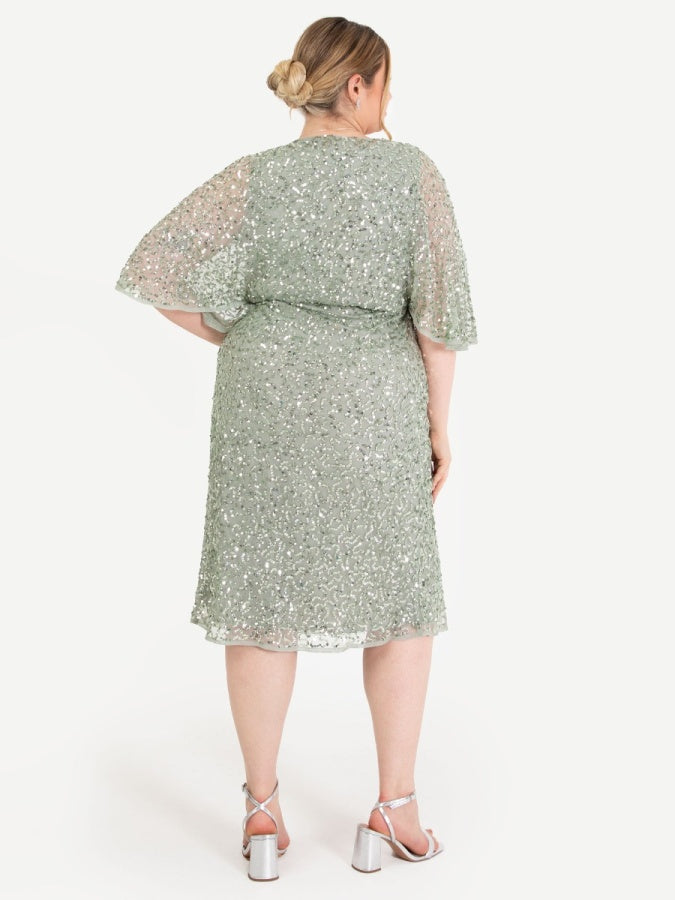 Maya Sage Green Fully Embellished Faux Wrap Midi Dress