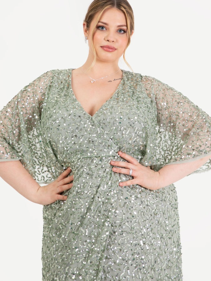 Maya Sage Green Fully Embellished Faux Wrap Midi Dress