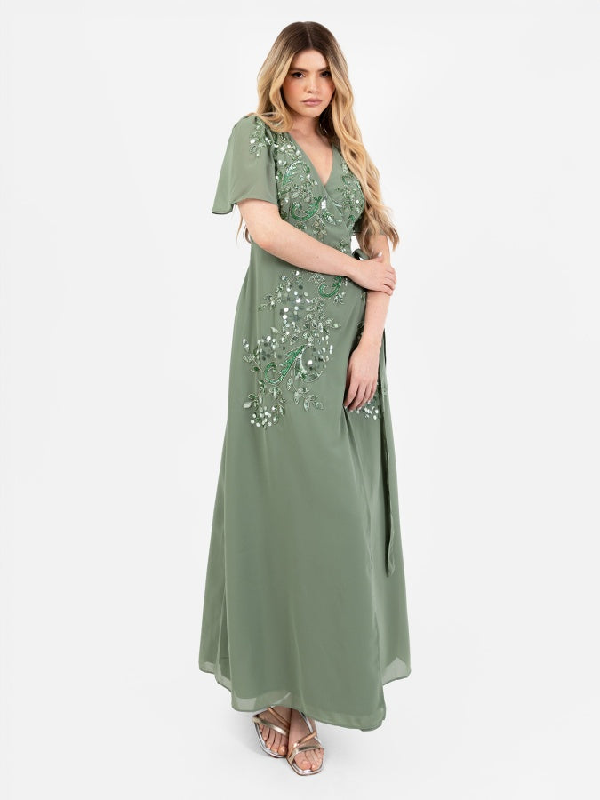 Maya Dark Sage Embellished Short Sleeve Chiffon Wrap Maxi Dress