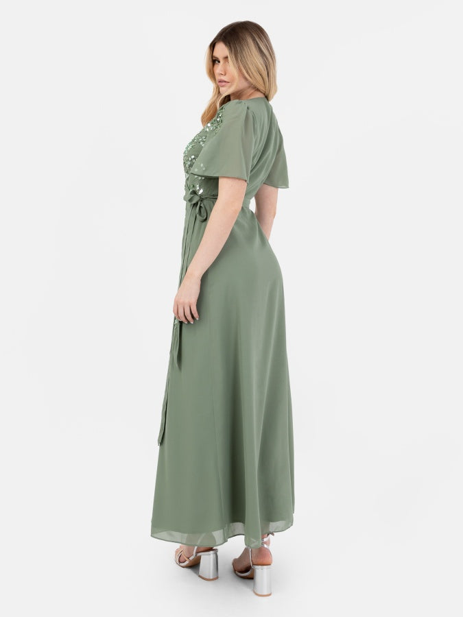 Maya Dark Sage Embellished Short Sleeve Chiffon Wrap Maxi Dress