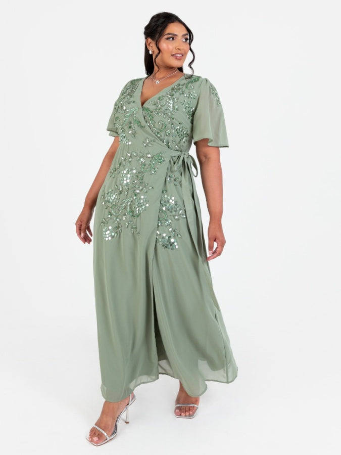 Maya Dark Sage Embellished Short Sleeve Chiffon Wrap Maxi Dress