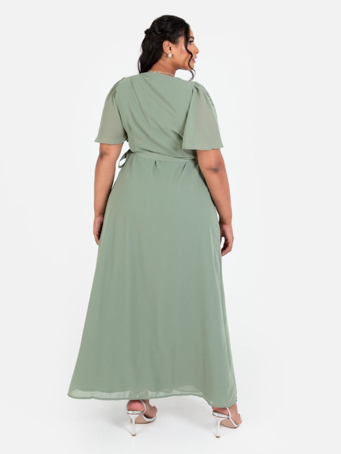 Maya Dark Sage Embellished Short Sleeve Chiffon Wrap Maxi Dress