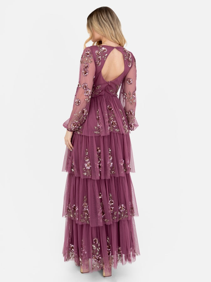 Maya Purple Embellished Long Sleeve Tiered Maxi Dress