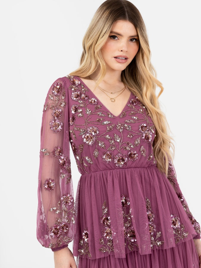 Maya Purple Embellished Long Sleeve Tiered Maxi Dress