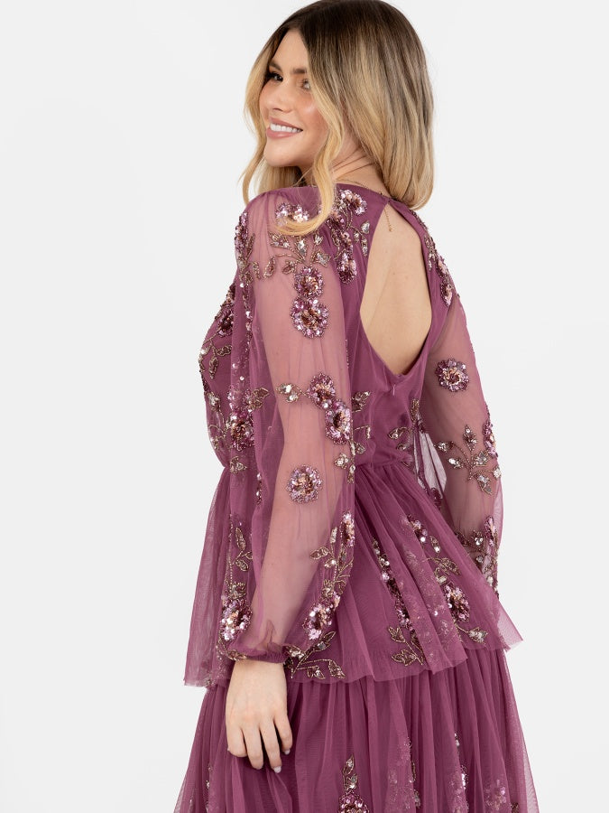 Maya Purple Embellished Long Sleeve Tiered Maxi Dress