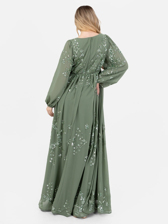 Maya Dark Sage Embellished Long Sleeve Chiffon Maxi Dress