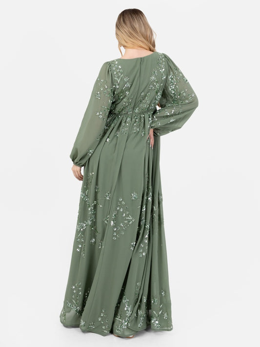 Maya Dark Sage Embellished Long Sleeve Chiffon Maxi Dress