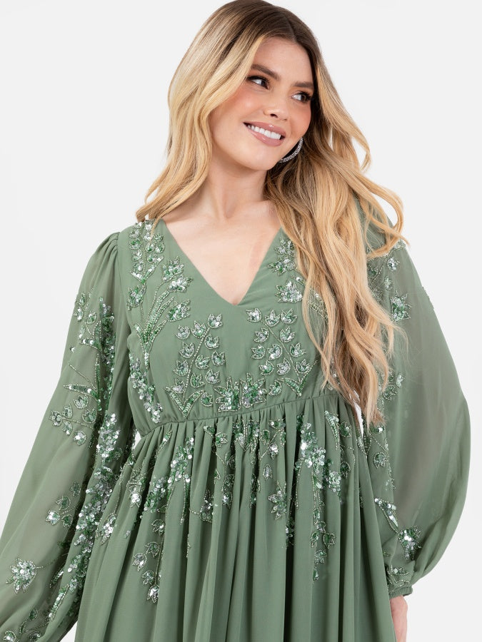 Maya Dark Sage Embellished Long Sleeve Chiffon Maxi Dress