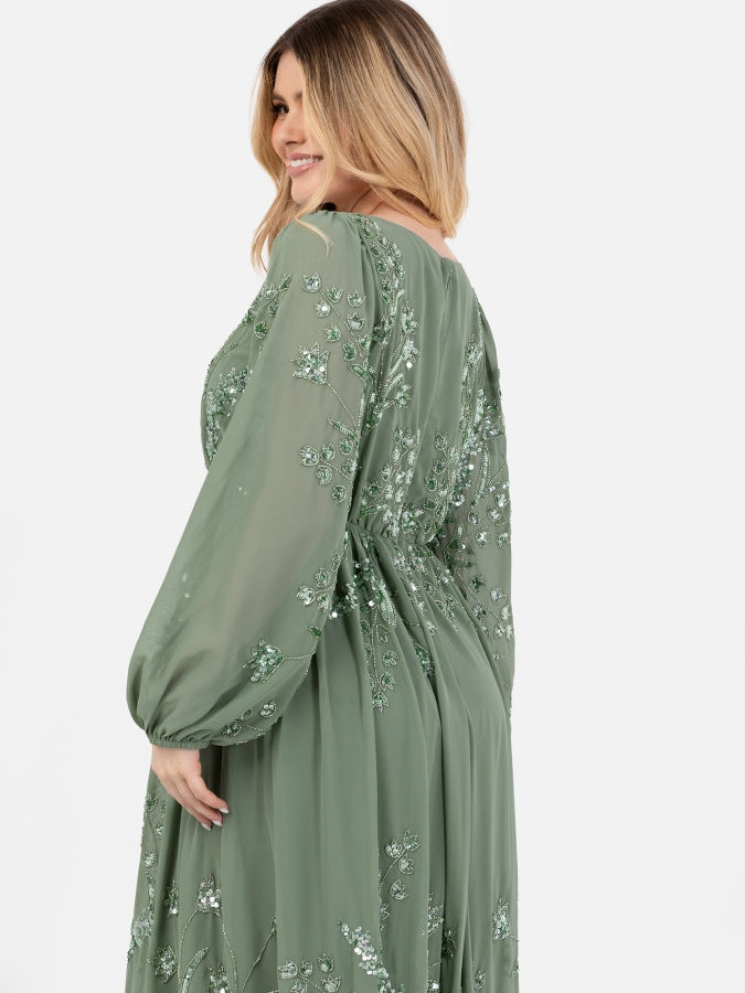 Maya Dark Sage Embellished Long Sleeve Chiffon Maxi Dress