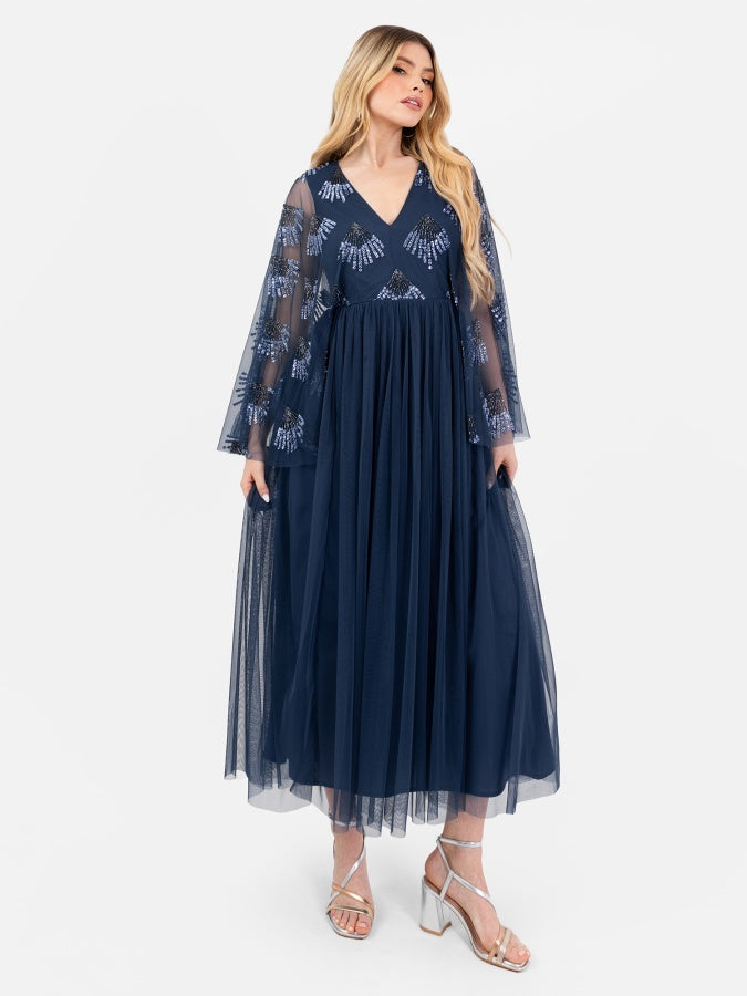 Maya French Navy Embellished Cape Sleeve V Neck Midi Dress